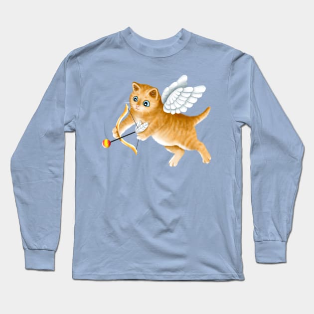 Ginger Cherub Kitten With a Bow and an Arrow Long Sleeve T-Shirt by illucalliart